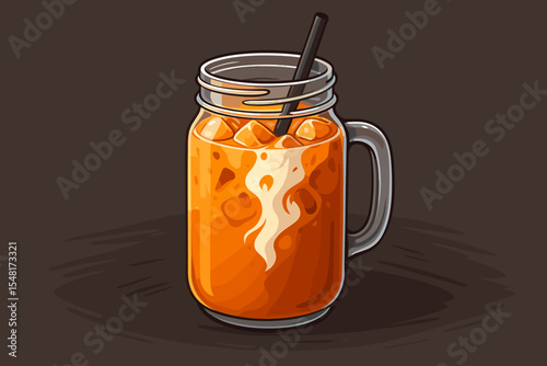 Thai iced tea vector illustration in a mason jar. Cold Cha Yen, a traditional sweet Thai drink with a milk swirl, ice cubes, and straw. Refreshing summer beverage concept for a menu.