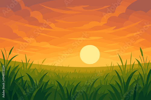 Tranquil field of grass during a beautiful sunset. Vector cartoon landscape illustration with a low sun, orange sky, and clouds. Serene rural nature scenery background for design.