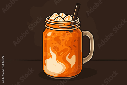 Thai iced tea vector illustration. Traditional Cha Yen milk tea in a mason jar mug with ice. Refreshing cold Asian beverage. Sweet summer drink cartoon for cafe menu design.