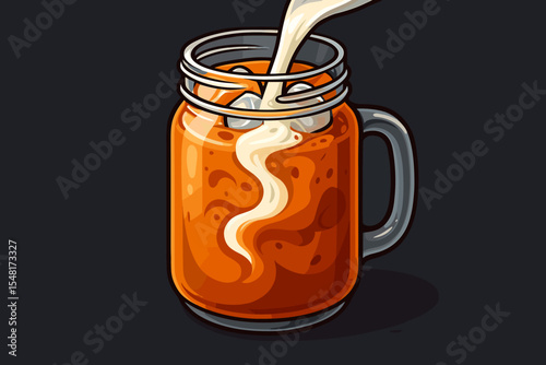 Pouring milk into traditional Thai iced tea in a glass mason jar. Refreshing cold Cha Yen with ice cubes. Vector cartoon illustration for a cafe menu, beverage poster, or logo.