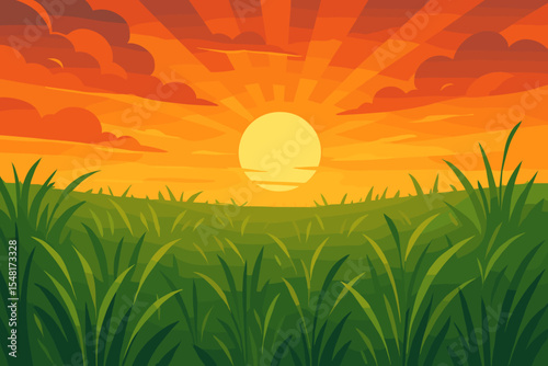 Sunset over tranquil grass field. Scenic nature landscape background. Vector cartoon illustration with warm orange sky, sun rays, and clouds. Beautiful rural countryside meadow view.