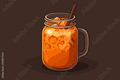 Traditional Thai iced tea vector cartoon illustration. Refreshing cold cha yen drink in a glass mason jar with milk swirls, ice cubes, and a straw. Sweet Asian summer beverage.