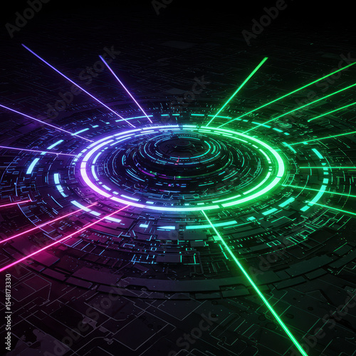 Futuristic hologram of technology with digital neon laser. glowing circle portal interface creates dynamic and energetic feeling on dark background