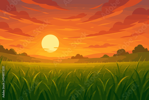 Tranquil field of grass at sunset. Cartoon vector illustration of a beautiful rural landscape. Scenic countryside meadow with an orange sky and setting sun. Peaceful nature background.