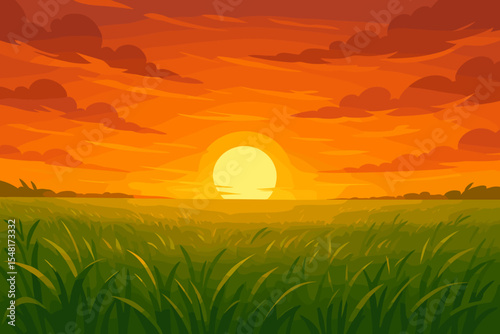 Tranquil field of grass at sunset or sunrise. Breathtaking landscape cartoon background. Vector illustration of a rural countryside scene with warm orange sky, clouds and sun.