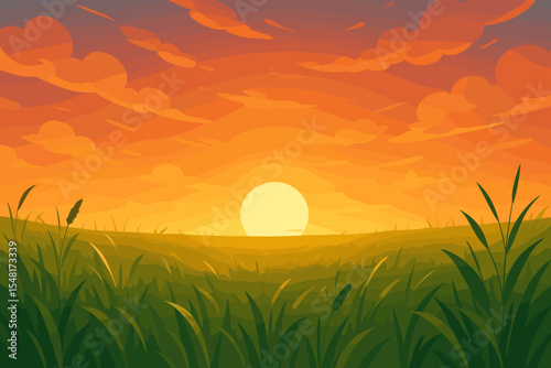 Sunset or sunrise over tranquil grassy field landscape. Vector cartoon illustration of a peaceful meadow with warm orange sky, clouds, and sun on the horizon. Nature background.
