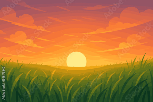 Vector cartoon landscape of a tranquil field of grass at sunset or sunrise. Beautiful nature scenery with a warm orange sky, clouds and sun on the horizon. Peaceful rural view background.
