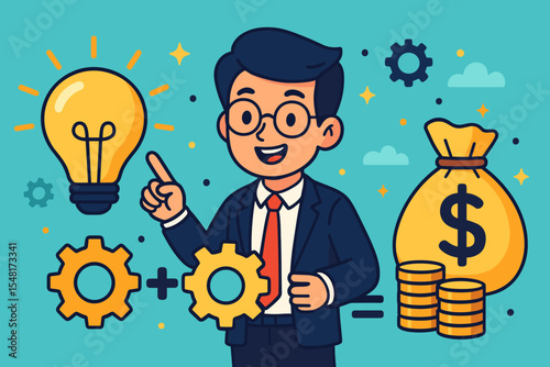 Financial success formula concept. Businessman turning a creative idea into profit. Lightbulb plus work gears equals a money bag. Business strategy for a startup and investment. Vector.