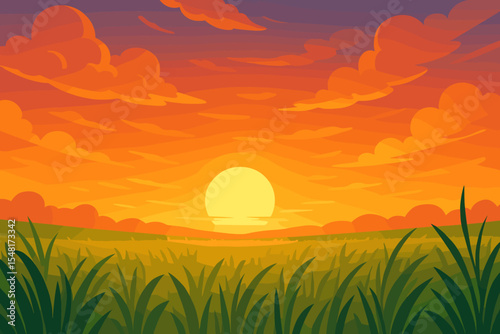 Tranquil sunset over a green grass field. Cartoon vector landscape with warm orange sky, clouds, and bright sun. Peaceful rural countryside background for a summer evening.