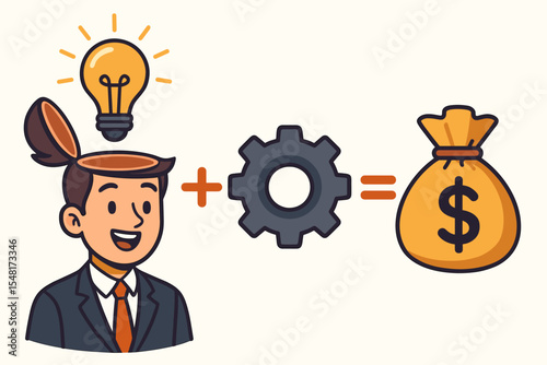 Financial success formula concept. Businessman with an idea lightbulb plus hard work process gear equals profit money bag. Entrepreneurship, innovation, and strategy for profitable ventures.