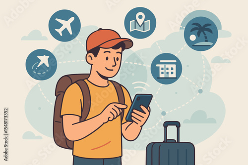 Young Male Traveler Using Smartphone for Online Travel Planning with Airplane, Map, Hotel, Palm Tree, and Travel Icons Connected by Network Dotted Lines, Vector Cartoon Illustration