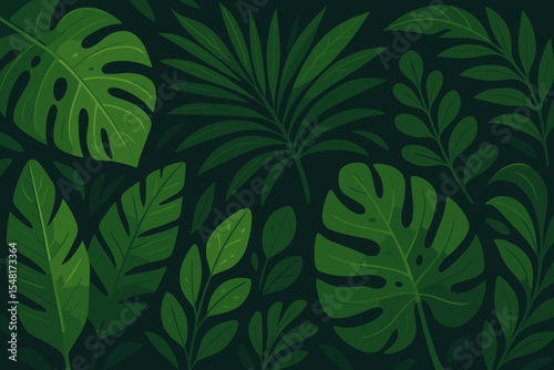 Tropical leaves background with green monstera and palm foliage. Vector illustration of a dense jungle or rainforest at night. Exotic botanical summer pattern, nature wallpaper.