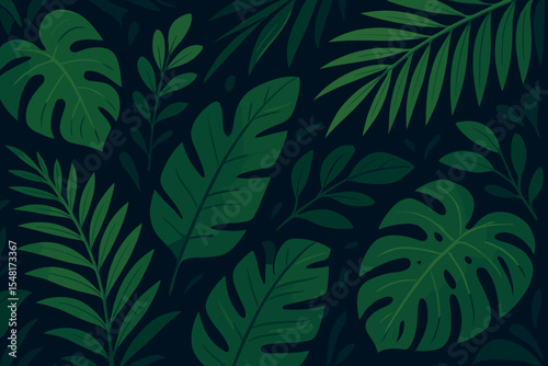 Tropical green leaves on a dark background. Vector cartoon illustration of jungle foliage with monstera and palm leaf. Exotic summer forest seamless pattern for botanical wallpaper.