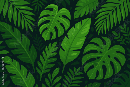 Tropical green leaves on a dark background. Lush jungle foliage vector illustration. Exotic monstera, palm, and banana leaf pattern. Summer rainforest cartoon background for wallpaper.