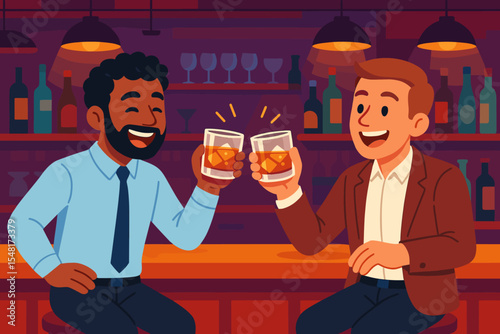 Diverse friends or colleagues toasting with whiskey glasses at a bar. Happy multiracial businessmen celebrating success after work. Social drinking and friendship concept vector.