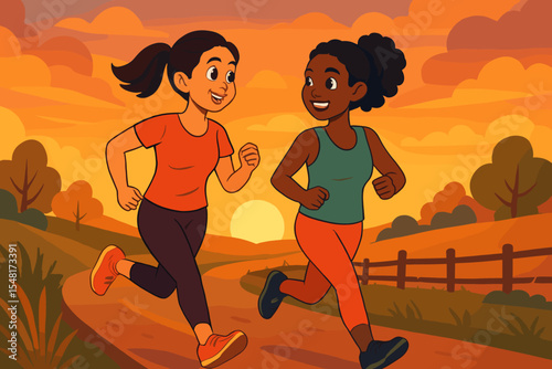 Two diverse women friends jogging on a rural trail at sunset. Concept of a healthy lifestyle, fitness, and outdoor exercise. Multiethnic friends running together. Vector cartoon illustration.