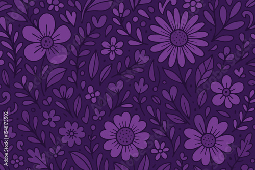 Seamless floral pattern in vibrant shades of purple. Vector background with hand-drawn doodle flowers, leaves, and hearts. Botanical cartoon illustration with a paper texture.
