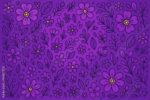 Vibrant purple floral background with cartoon doodle flowers and leaves. Seamless vector pattern for creative design projects. Hand-drawn botanical illustration for fabric, wallpaper.