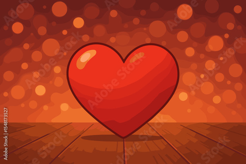 Shiny red heart on a wooden floor against a warm glowing bokeh lights background. Romantic vector cartoon illustration for Valentine's Day, anniversary, or wedding celebration.