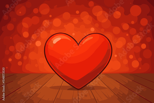 Romantic background with a big red heart on a wooden stage. Abstract bokeh lights for Valentine's Day celebration. Vector illustration concept for love, passion, and romance.