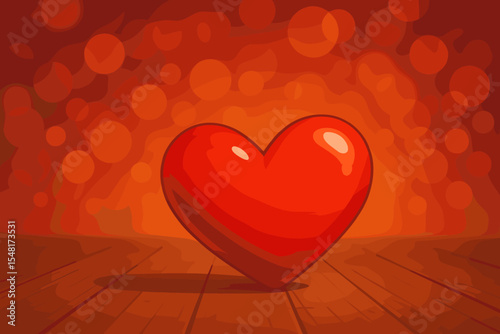 Vibrant red heart on a wooden floor with a warm bokeh light background. Romantic concept for Valentine's Day, love, passion, and relationships. Vector cartoon illustration for design.