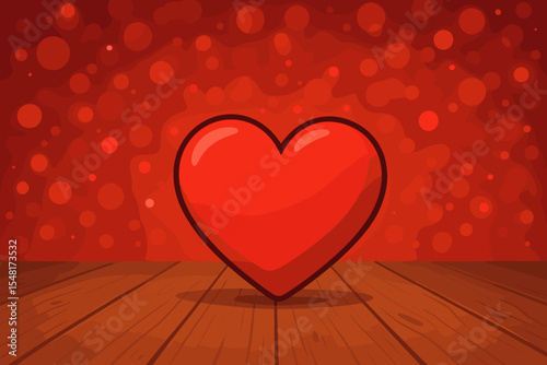 Romantic red heart on a wooden floor with a glowing bokeh light background. Vector illustration for Valentine's Day. Love concept, romance celebration design for a greeting card.