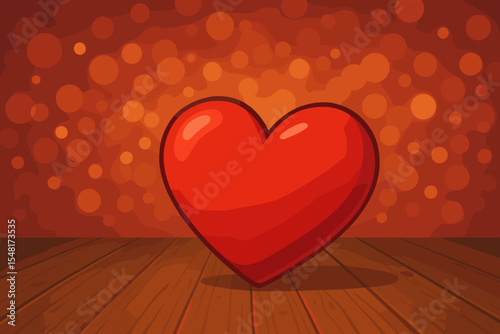 Red heart on wooden floor with warm bokeh lights. Romantic background concept for Valentine's Day, love, passion, wedding or anniversary. Vector cartoon illustration symbol.