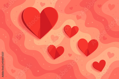Romantic Valentine's Day background with red paper craft hearts. Abstract layered wavy backdrop for holiday celebration, love concept, greeting card or banner. Vector design.