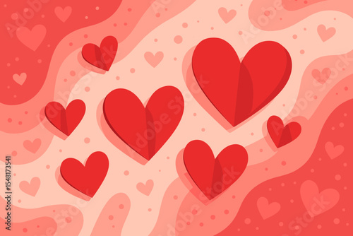 Happy Valentine's Day concept with red paper hearts. Romantic background with abstract wavy shapes and 3D papercraft effect. Love and celebration vector illustration for a banner or card.