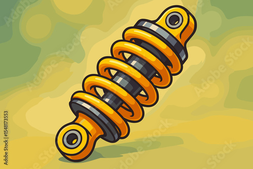 Motorcycle shock absorber vector cartoon illustration. Vibrant yellow automotive suspension part. Vehicle coilover damper strut for repair service. Motorsport and tuning graphic icon.