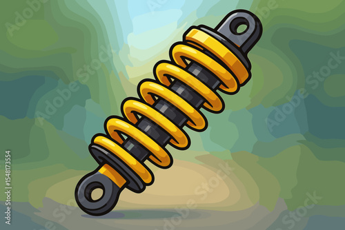 Yellow motorcycle shock absorber. Automotive suspension part with coil spring. Vector cartoon illustration for vehicle repair service, mechanics, racing or performance tuning.