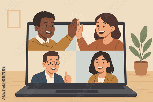 Online business meeting on a laptop screen. Diverse team on video conference call celebrating success with a virtual high five. Remote work collaboration and teamwork concept. Vector.
