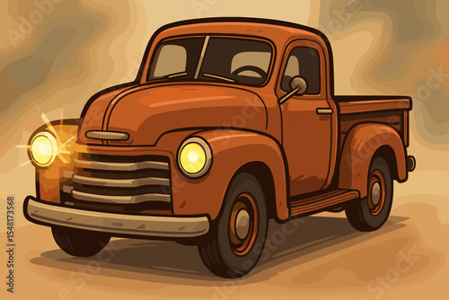 Vintage orange pickup truck with glowing headlight. Classic retro farm truck vector cartoon illustration. Old rustic automobile, classic Americana vehicle transport concept.