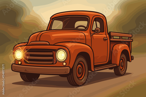 Vintage orange pickup truck driving on a rural road. Classic American retro automobile cartoon with glowing headlights. Old farm vehicle vector illustration for transport concepts.