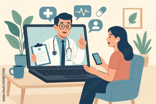 Online doctor consultation with a patient using a laptop for a virtual appointment. Telemedicine and telehealth concept for remote medical advice, diagnosis, and support. Vector.