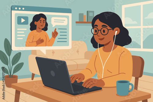 E-learning concept with woman studying an online course from home. Student using a laptop for a virtual class or webinar with a teacher. Remote education and communication vector illustration.