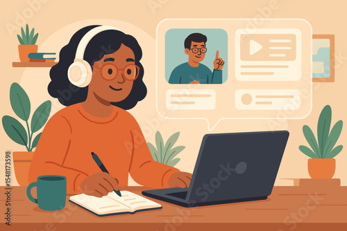 E-learning online education concept with woman student at home. Female character with headphones studies on laptop watching a virtual lesson or webinar with a teacher. Remote work.