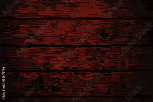 Dark red weathered wooden texture. Rustic grunge background with old, distressed wood planks. Vector illustration of a spooky, moody surface with peeling paint and cracked details.