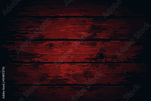 Dark red wooden texture background. Old weathered wood planks with peeling paint. Grunge rustic surface with cracks and knots. Moody horror style backdrop. Vintage distressed wall.