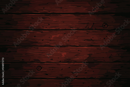 Weathered red wooden surface with rustic texture and grunge details. Moody lighting on old dark wood planks. Vintage vector cartoon background for wall, floor or backdrop design.