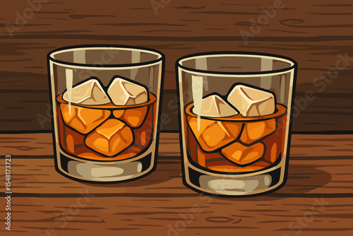 Two glasses of whiskey on the rocks on a rustic wooden table. Vector cartoon illustration of bourbon or scotch with ice cubes. Concept for alcohol, beverage, bar menu, pub.