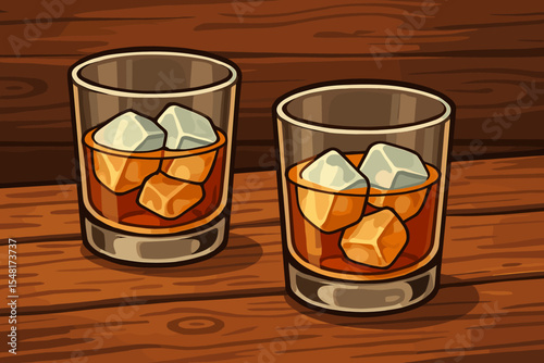 Two glasses of whiskey on the rocks on a rustic wooden bar table. Vector cartoon illustration of bourbon or scotch with ice cubes. Concept for alcohol, pub menu, or celebration.