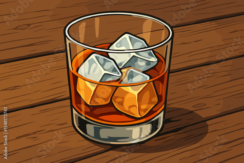 Cartoon vector illustration of a glass of whiskey on the rocks with ice cubes. Alcoholic beverage, bourbon or scotch, served in a tumbler glass on a rustic wooden bar table.