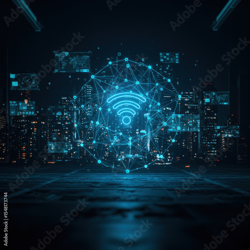 Futuristic blue neon wifi symbol representing global internet connection and communication technology. network concept showing future of wireless data connectivity