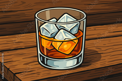 Cartoon vector illustration of a glass of whiskey on the rocks with ice cubes. Alcoholic drink like bourbon or scotch served on a rustic wooden table. Concept for a bar, pub or menu design.