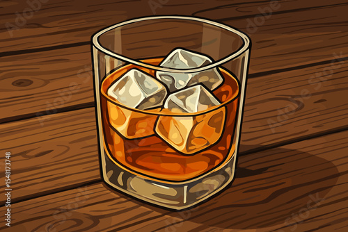 Classic whiskey on the rocks in a tumbler glass with ice cubes. Alcoholic spirit like bourbon or scotch on a rustic wooden bar counter. Vector cartoon graphic illustration concept.