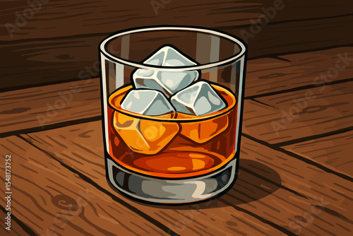 Whiskey on the rocks in a glass with ice cubes on a rustic wooden table. Vector cartoon illustration of bourbon or scotch drink. Alcohol beverage for a bar menu or pub concept.