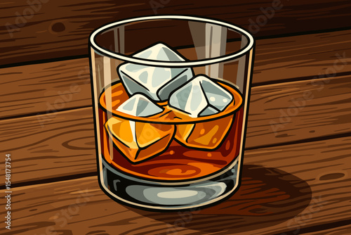 Glass of whiskey on the rocks with ice cubes on a rustic wooden table. Bourbon or scotch alcohol drink concept. Vector cartoon illustration for a bar menu, pub logo, or party.