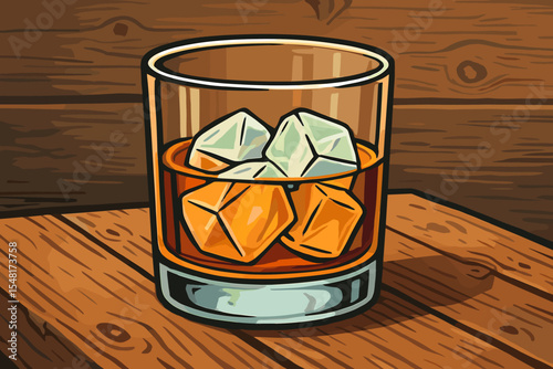 Whiskey on the rocks in a tumbler glass with ice cubes. Bourbon or scotch drink on a rustic wooden table. Vector cartoon illustration for bar menu, pub, party, or distillery.