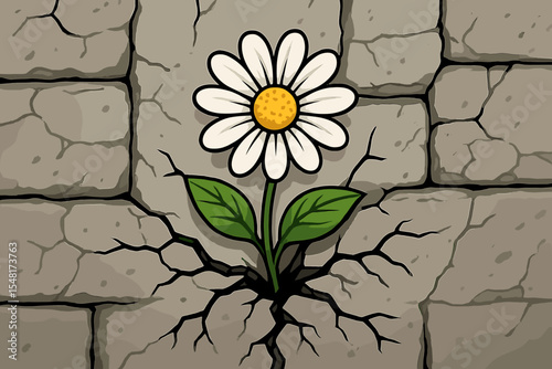 Flower growing from a crack in a stone wall, a symbol of resilience, hope, and strength. Concept of new life, survival, and overcoming adversity. Cartoon vector illustration.